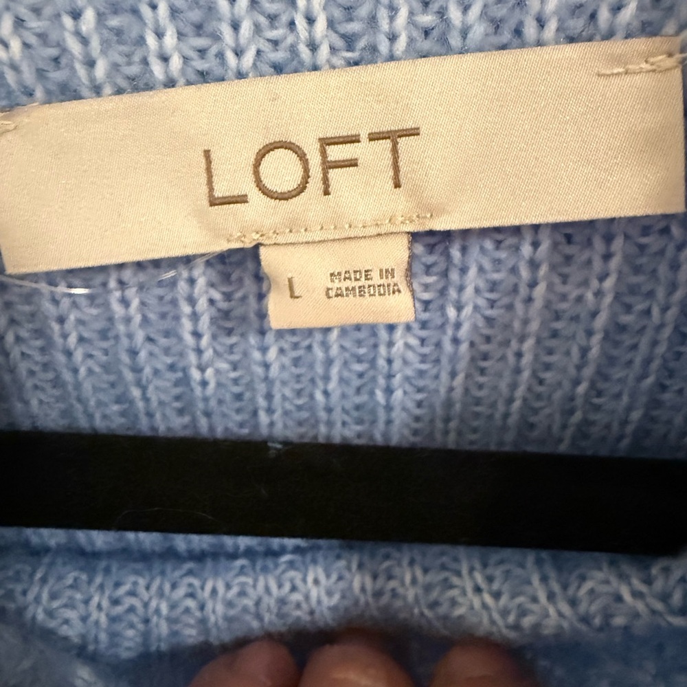 LOFT Blue Ribbed Knit Sweater Size Large Mock Neck Soft Cozy Pullover - Picture 2 of 3